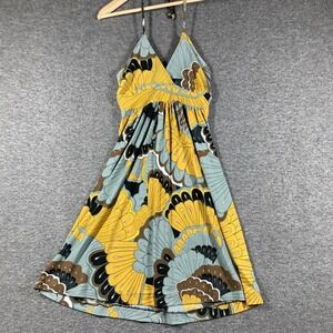Y2K Veronica M Halter Tunic Shirt Women Extra Small XS Yellow Gray Floral Hippie